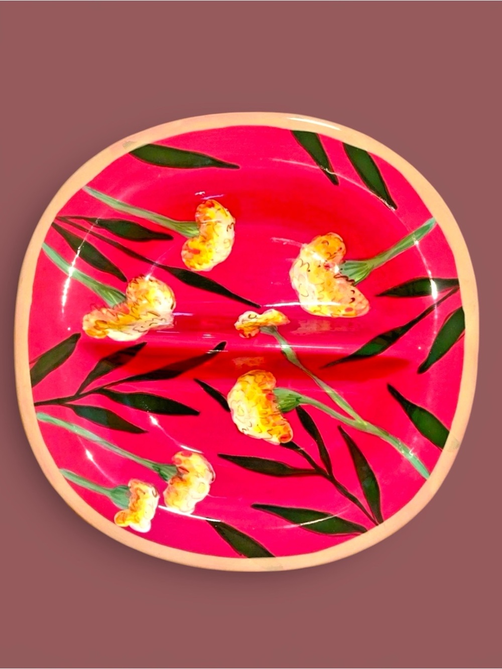 Droll Designs Hand Painted Marigold Blossoms 10.5 Inch Round Divided Platter